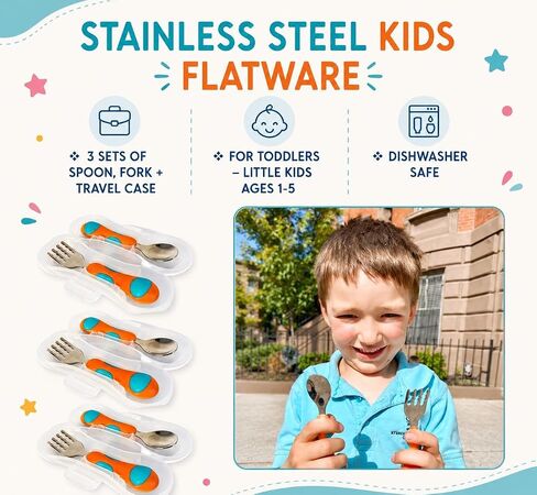 kinsho Toddler Utensils - Kids Silverware Set with Travel Case 3 pack - Stainless Steel Forks Spoons for 1 2 3 4 Years Old. Metal Lunch Box Cutlery for Children Girls, Round Handle, 6 Pieces Pink Blue in Kuwait