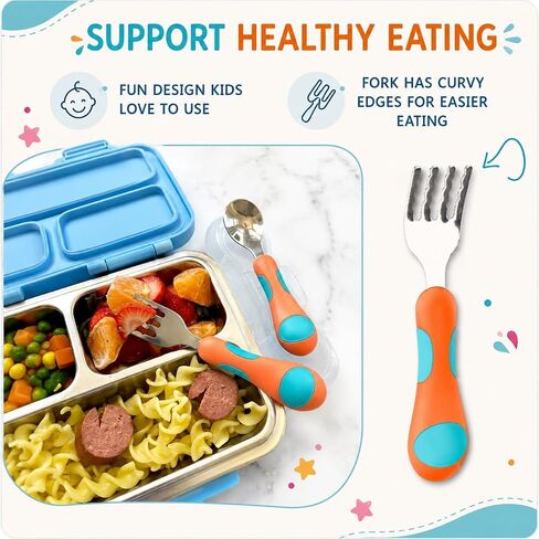 kinsho Toddler Utensils - Kids Silverware Set with Travel Case 3 pack - Stainless Steel Forks Spoons for 1 2 3 4 Years Old. Metal Lunch Box Cutlery for Children Girls, Round Handle, 6 Pieces Pink Blue in Kuwait