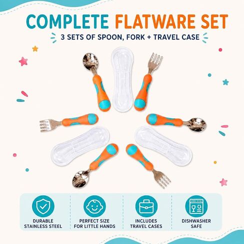 kinsho Toddler Utensils - Kids Silverware Set with Travel Case 3 pack - Stainless Steel Forks Spoons for 1 2 3 4 Years Old. Metal Lunch Box Cutlery for Children Girls, Round Handle, 6 Pieces Pink Blue in Kuwait