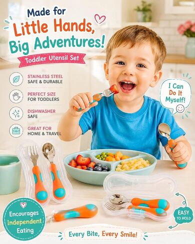 kinsho Toddler Utensils - Kids Silverware Set with Travel Case 3 pack - Stainless Steel Forks Spoons for 1 2 3 4 Years Old. Metal Lunch Box Cutlery for Children Girls, Round Handle, 6 Pieces Pink Blue in Kuwait