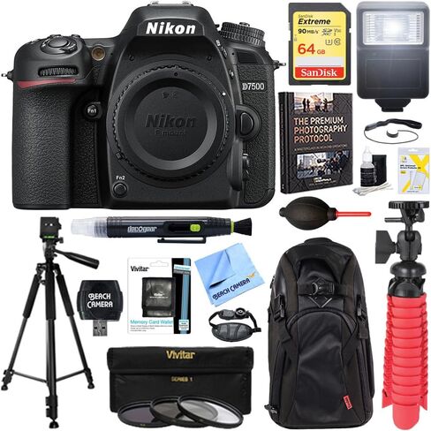 Nikon 1571 D7500 20.9MP DX-Format 4K Ultra HD Digital SLR Camera Body Bundle with 64GB Memory Card, Backpack, Flash, Cleaning Pen, Paintshop Pro, 58mm Filter Kit and Accessories (10 Items) in Kuwait