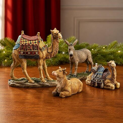 Three Kings Gifts Camels, Donkey & Ox, Polystone Flat Bottom Base for Stability, Home Decorating Christmas Nativity Scene Sets & Figures, 4-Pieces, for The 7 inch Scale Collection in Kuwait
