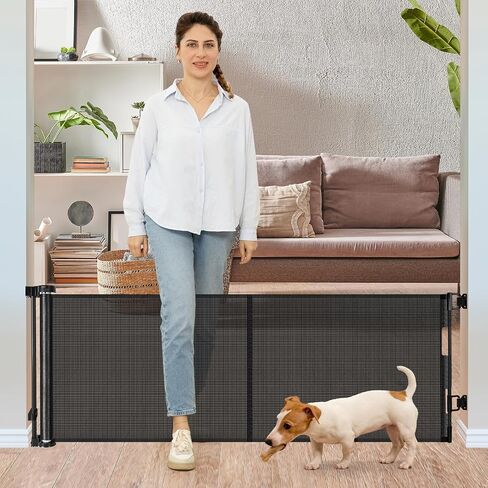 24 Inch Tall Retractable Baby Gates, Retractable Dog Gate for The House, Mesh Pet Safety Gate Retractable Gate for Stairs, Doorways, Hallways, Indoor & Outdoor (Black) in Kuwait