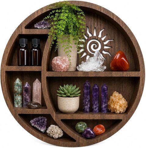 Wooden Crescent Sun Moon Shelf Wall Decor - Decorative Boho Home Hanging Display Shelf for Bedroom, Dorm, Nursery - Easy Mount Storage for Crystals and Essential Oils - 14 x 14 x 3.5 in Kuwait
