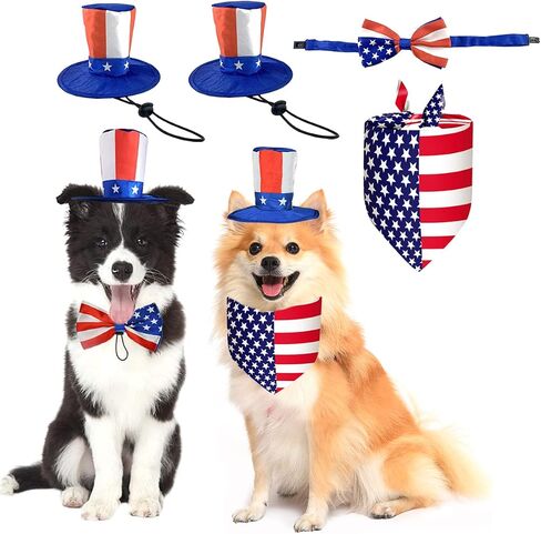 CooShou Pet Independence Day Costume - Uncle Sam Dog Top Hat USA Flag Dog Bandana Triangle Bib Scarf with Reversible Stars and Stripes Pattern 4th of July Pet Outfit for Dogs Cats Puppy Kitten 2Pcs in Kuwait