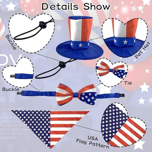 CooShou Pet Independence Day Costume - Uncle Sam Dog Top Hat USA Flag Dog Bandana Triangle Bib Scarf with Reversible Stars and Stripes Pattern 4th of July Pet Outfit for Dogs Cats Puppy Kitten 2Pcs in Kuwait
