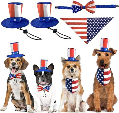 CooShou Pet Independence Day Costume - Uncle Sam Dog Top Hat USA Flag Dog Bandana Triangle Bib Scarf with Reversible Stars and Stripes Pattern 4th of July Pet Outfit for Dogs Cats Puppy Kitten 2Pcs in Kuwait