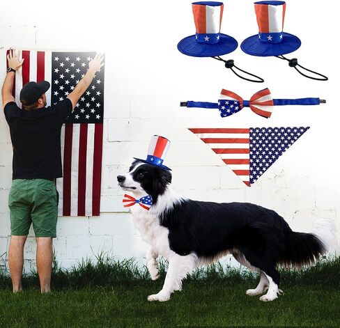 CooShou Pet Independence Day Costume - Uncle Sam Dog Top Hat USA Flag Dog Bandana Triangle Bib Scarf with Reversible Stars and Stripes Pattern 4th of July Pet Outfit for Dogs Cats Puppy Kitten 2Pcs in Kuwait