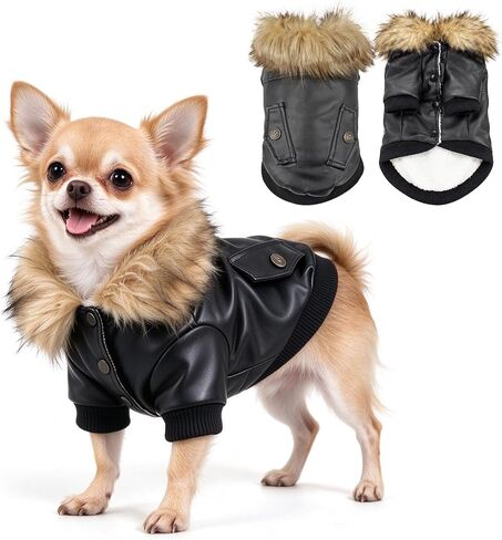 LESYPET Warm Dog Jacket Winter Dog Coats Windproof Waterproof Fleece Lined Dog Leather Jackets for Small Dogs Puppy, Black Small in Kuwait