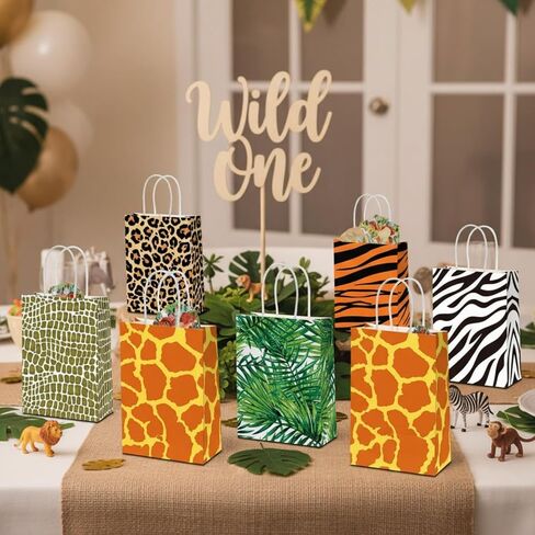 24 قطعة من حقائب هدايا مطبوع عليها حيوانات سفاري جانجل بارتي مع مقبض، أكياس حلوى حلوى من حديقة الحيوانات البرية بنمط جلد النمر الحمار الوحشي لزرافة عيد ميلاد الطفل in Kuwait