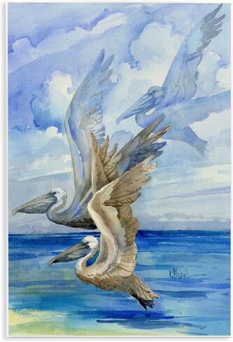 لوحة فنية جدارية خشبية من Stupell Industries Pelicans Trio Over Ocean Shore، تصميم بواسطة Paul Brent in Kuwait
