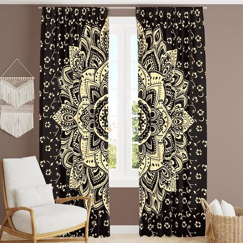 Bless International Beautiful Indian Bohemian Psychedelic Hippie Burning Sun Window Curtain Panels for Bedroom, Living, Balcony (Golden Tie Dye (25x74 Inches)(63.5x188 Cms)) in Kuwait