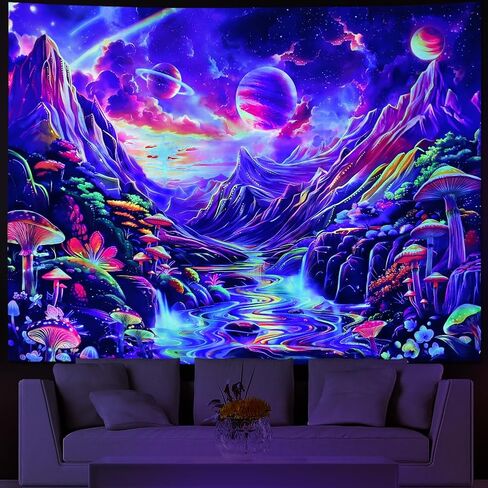 Blacklight Galaxy نسيج Trippy Planet نسيج الأشعة فوق البنفسجية رد الفعل شلال المناظر الطبيعية نسيج الخيال الجبل موجة الجدار نسيج نباتات النيون الغامضة الجدار شنقا للغرفة in Kuwait