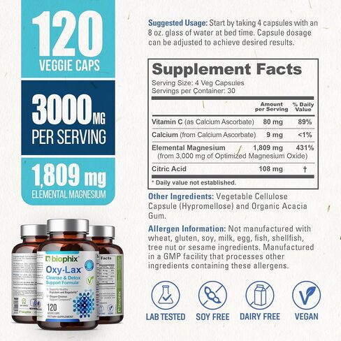 biophix Oxy-Lax 750 mg 120 Vcaps - Natural Magnesium Oxide Oxygen Based Colon Cleanse Gentle Laxative Supports Healthy Digestive Tract Regularity… in Kuwait