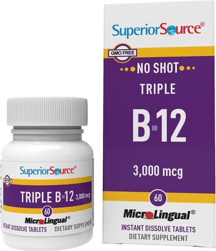 Superior Source No Shot Triple B12 3000 mcg, Quick Dissolve MicroLingual Tablets, 60 Ct, Methylcobalamin, Adenosylcobalamin & Cyanocobalamin, Cognitive & Heart Health, Nervous System, Non-GMO in Kuwait