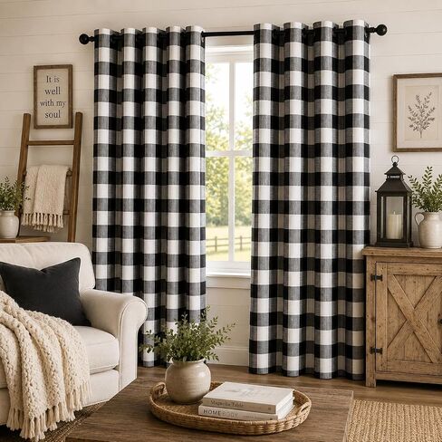 Creativesfun 2 Panels Checks Line Up SetFarmhouse Faux Linen Look Buffalo Check Grommet Window Curtain (Black & Cream, Panel 丨W53 X L63-INCH 2PCS) in Kuwait