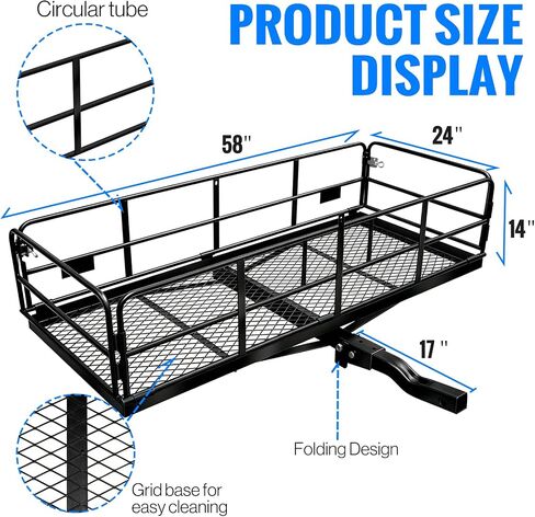 LWTURMRT Hitch Cargo Carrier مع حامل البضائع القابل للطي 58X23X14 بوصة 500 رطل للخدمة الشاقة 2 بوصة سلة الأمتعة المتلقية للربط لسيارات الدفع الرباعي والتخييم والسفر وما إلى ذلك in Kuwait