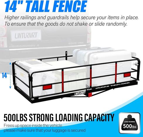 LWTURMRT Hitch Cargo Carrier مع حامل البضائع القابل للطي 58X23X14 بوصة 500 رطل للخدمة الشاقة 2 بوصة سلة الأمتعة المتلقية للربط لسيارات الدفع الرباعي والتخييم والسفر وما إلى ذلك in Kuwait