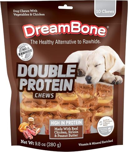 Dreambone Double Protein Chews Made with Real Chicken, Sirloin and Peanut Butter, 10 Count, Rawhide-Free Chews for Dogs, 9.80 Ounce (Pack of 1) in Kuwait