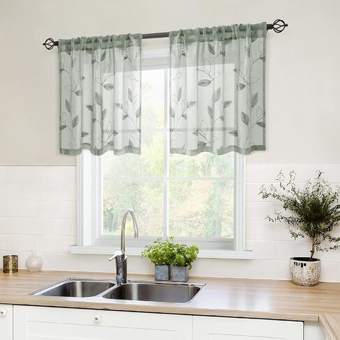 HOMEIDEAS ستائر شفافة خضراء مقاس 52 × 63 بوصة طول 2 لوحتين مطرزة بنمط أوراق الشجر جيب من الكتان الصناعي ستائر نافذة فوال شبه شفافة / ستائر لغرفة النوم وغرفة المعيشة in Kuwait