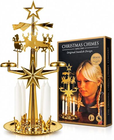 Angel Chimes The Original & Traditional Decorative Swedish Candle for Christmas, Brass - Chimes Carousel, Authentic, Scandinavian, Decoration & Ornament for Home and Kitchen (+4 Candles) in Kuwait