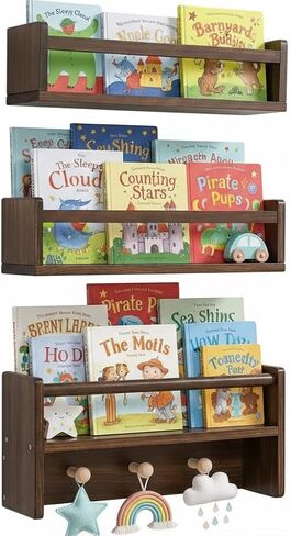 AZSKY 16 Inch Nursery Book Shelves Wall Floating Bookshelf with Hook Deep Walnut Hanging Book Shelf Toddler Room for Kids Room Bedroom Bathroom Living Room Kitchen Set of 3 in Kuwait