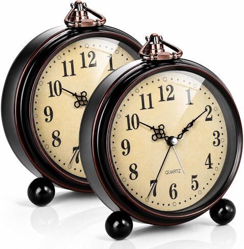 2 Pack Vintage Analog Alarm Clock, 5 Inch Silent Non Ticking Desk Clock, Battery Operated Small Bedside Clock, Decorative Round Table Gift Clock for Bedroom, Living Room, Office, Room Decor in Kuwait