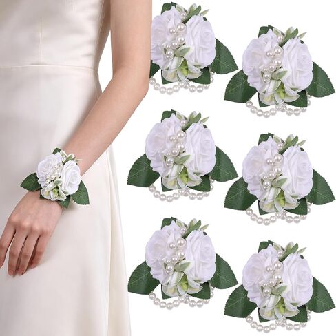 Meldel Prom Corsage and Boutonniere Set, Groomsmen Groom Artificial Boutonniere for Men Wedding, White Rose Wrist Corsage Bridal Girls Hand Flower for Rustic Fall Wedding Homecoming Ceremony Party in Kuwait