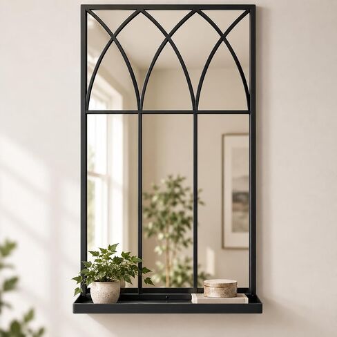 Black Arched Window Mirror 24x40 Inch, Metal Framed Wall Mirror for Living Room, Dining Room Decor - Elegant Decorative Wall Mounted Mirror for Fireplace, Entryway, Bedroom in Kuwait