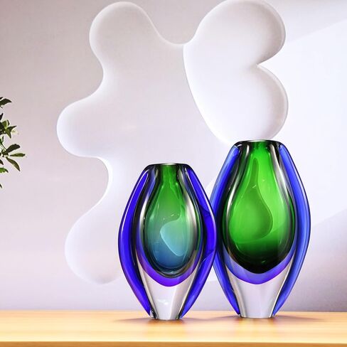 Luxury Lane Hand Blown Sommerso Oval Art Glass Vase for Decor Centerpiece Table Decoration Blue 10 inch tall in Kuwait