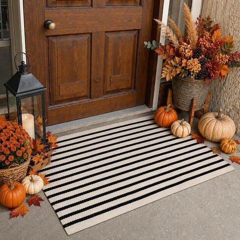 Black and White Striped Door Mat 24"x35",Collive Cotton Hand Woven Welcome Entryway Rug,Washable Small Fall Porch Decor, Welcome Door Mat for Indoor Outdoor/Kitchen/Farmhouse in Kuwait