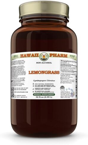 Hawaii Pharm Lemongrass Alcohol-Free Liquid Extract, Organic Lemongrass (Cymbopogon Citratus) Dried Stalk Glycerite Natural Herbal Supplement 2 oz in Kuwait