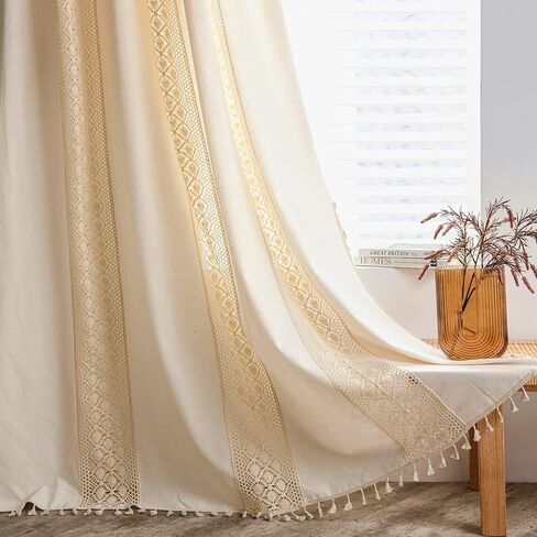 Deeprove Crochet Boho Curtains 84 Inches Long for Bedroom, Bohemian Knitting Lace with Handmade Tassels, Vintage Semi Sheer Hollow Striped, Retro Window Treatment 1 Panel W59 x L84, White in Kuwait