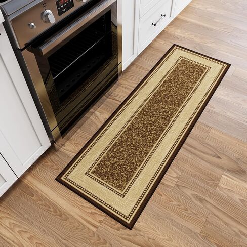 Ottomanson Machine Washable Bordered Design Non-Slip Rubberback 2x5 Traditional Runner Rug for Hallway, Kitchen, Bedroom, Entryway, 20" x 59", Brown in Kuwait