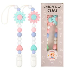 2 Pack Silicone Pacifier Clip for Boys and Girls, Features One-Piece Design Pacifier Strap with Clip, Adorable Sunflower Pacifier Holder for Baby Teethers and Toys in Kuwait