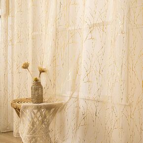 Deeprove Beige Sheer Curtains 96 inch Length 2 Panels, Tree Branch Gold Foil Print Metallic for Bedroom Dining Room Abstract Decor,Semi Sheer Window Treatment Pair Set, Rod Pocket, W52 x L 96" in Kuwait