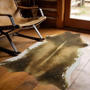 Rtizon Faux Cowhide Rug for Living Room, 4.6 x 5.2 Feet Khaki, Cow Print Skins Rug for Bedroom, Durable Premium Faux Fur Animal Cow Hide Rugs Carpet for Western Decor in Kuwait