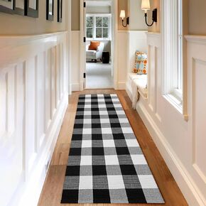 Basima Buffalo Plaid Outdoor Rug, 27.5" x 43" Hand-Woven Cotton Black and White Checkered Rug, Front Porch Rugs for Entryway, Machine Washable Layered Indoor Check Plaid Door Mat for Kitchen in Kuwait