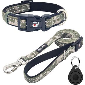 azuza Reflective Dog Collar and Leash Set with Airtag Holder, Blue Camo Padded Collar with Matching Clip Handle Leash for Large Dogs in Kuwait