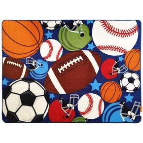HUAHOO Kids Rug Round Fun Sport Rugs Lets Play Blue Childrens Rug Balls Print with Soccer Ball, Basketball, Football, Tennis Ball Bedroom Playroom Non Slip Bottom (39" Diameter Round) in Kuwait