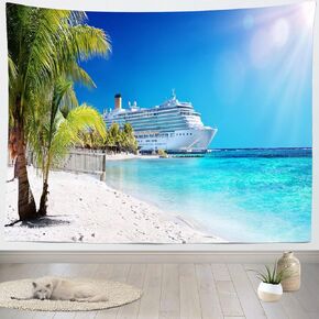 Loccor Cruise Ship Tapestry Caribbean Sea Palm Tree Coral Beach Tapestry Wall Hanging Tropical Island Sunshine Summer Holiday Tapestries Wall Art for Bedroom Living Room Dorm Home Decor, 60" x 40" in Kuwait