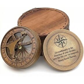 Roorkee Instruments Antique Nautical Vintage Directional Magnetic Sundial Clock Pocket Compass Quote Engraved Gifts with Leather Case, Son, Love Henry David Thoreau Go Confidently in The Direction in Kuwait