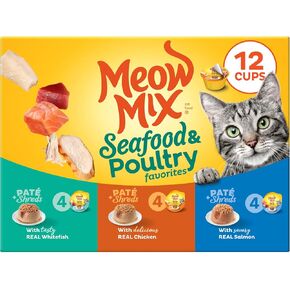 Meow Mix Paté & Shreds Wet Cat Food Variety Pack, Seafood & Poultry Favorites, 12 Cups, 2.75 Oz. Each in Kuwait