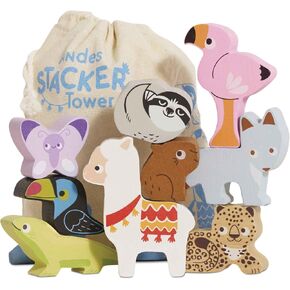Le Toy Van - Wooden Toys - Andes Stacking & Bag - Petilou Forest Building Blocks Stacker & Bag Educational Balancing Activity Toy - Wooden Blocks Tropical Animal Toys - Kids Toys Age 18 Months + in Kuwait