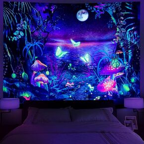 Serborlur Blacklight Fantasy Forest Tapestry Aesthetic Moon Tapestry UV Reactive Butterfly Tapestries Galaxy Space Tapestry Wall Hanging for Bedroom Living Room (70.8 x 92.5 inches) in Kuwait