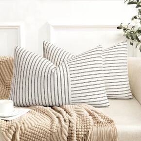 Farmhouse Pillow Covers 12x20, Modern Accent Lumbar Throw Pillow Covers Set of 2, Black and Beige Striped Patchwork Linen Decorative Pillows Cushion Covers for Couch Chair Bedroom Fall Decorations in Kuwait