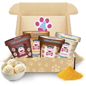 Puppy Scoops Dog Ice Cream Mix - Just Add Water and Freeze at Home, Powder Mix with Ice Cream Cup and Reusable Lid, Variety Pack of 4 Pints of Ice Cream Mix for Dogs, 4 Count 4.65 oz Made in USA in Kuwait
