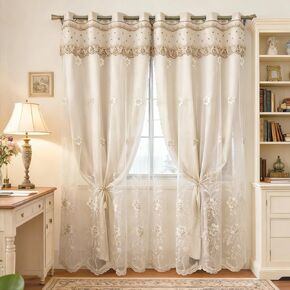 Amidoudou 1 Pair European Double Layer Curtains for Living Room Bedroom Luxury Flower Embroidered Curtains with Valance (Grey,52x84 Inch) in Kuwait