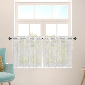 2 Pcs White Sheer Tier Curtains 45 Inches Long Lace Rod Pocket Small Window Curtains Vintage Floral Kitchen Bathroom Decorative Curtains in Kuwait