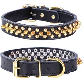 Spiked Studded Dog Collar, Soft Genuine Leather Dog Collar, Adjustable Dog Collars for Small Medium Large Dogs Breeds Pit Bull (L fit Neck 14.5-18.5", White2) in Kuwait